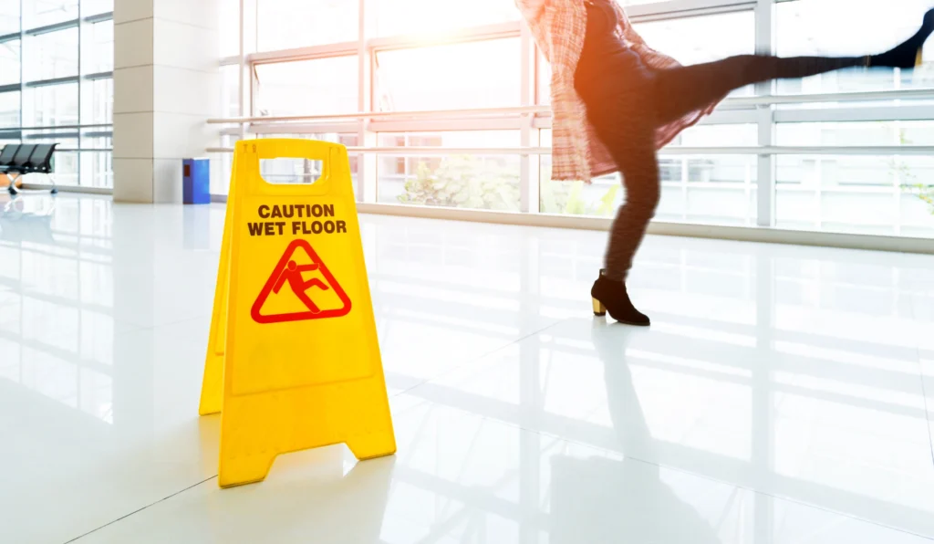 A person slipping and falling with a caution sign present.