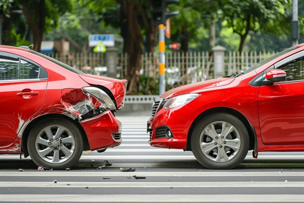 Two red cars involved in an accident.