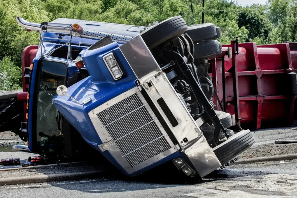 A commercial truck on it's side after an accident.