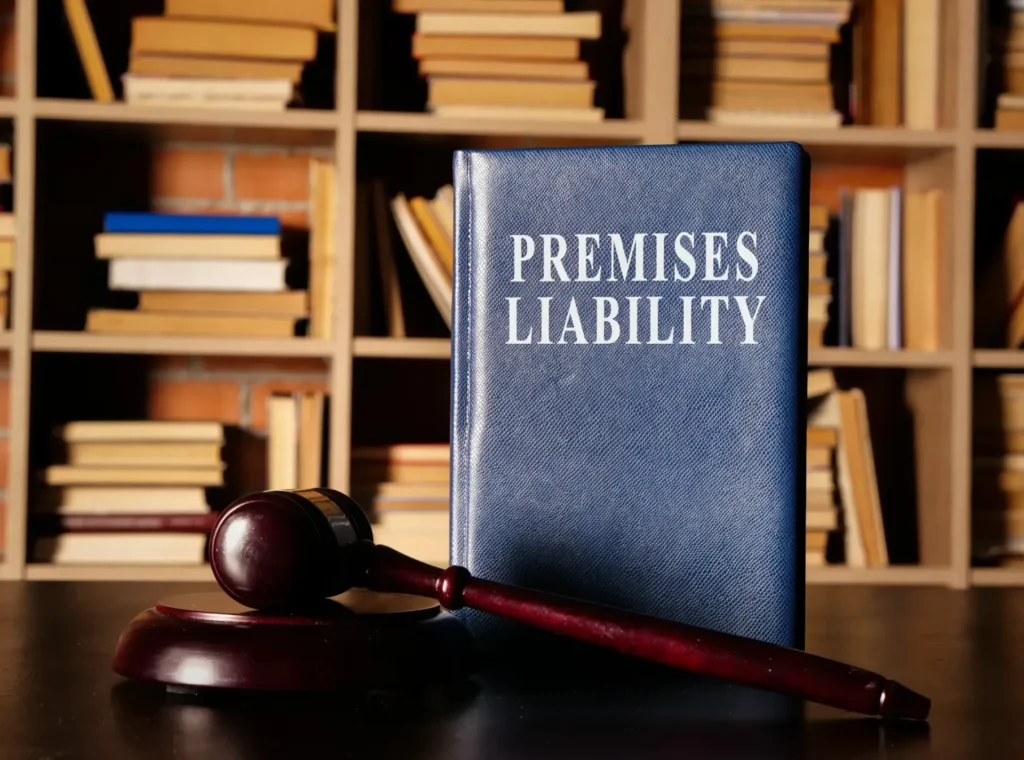 A book that reads premises liability standing up on a table with a gavel in front of it.
